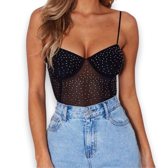 NWOT Sexy Sheer Mesh Black Bedazzled Bodysuit - Picture 9 of 12